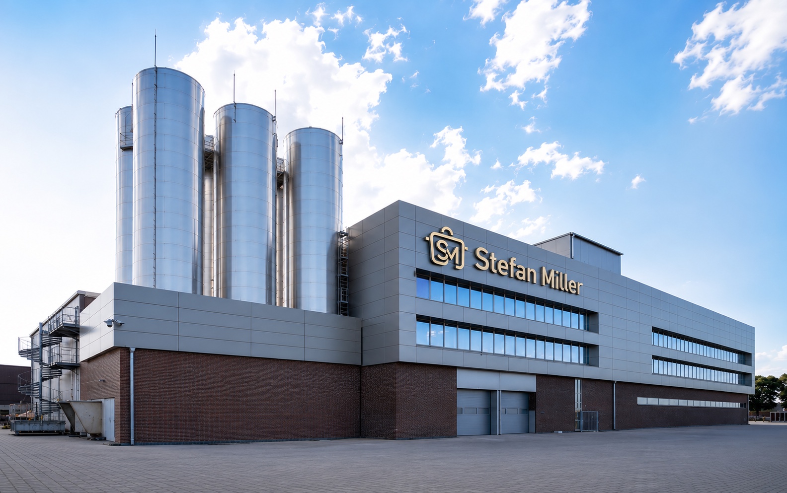 The Stefan Miller factory: modern production facility with stainless steel silos and the Stefan Miller sign